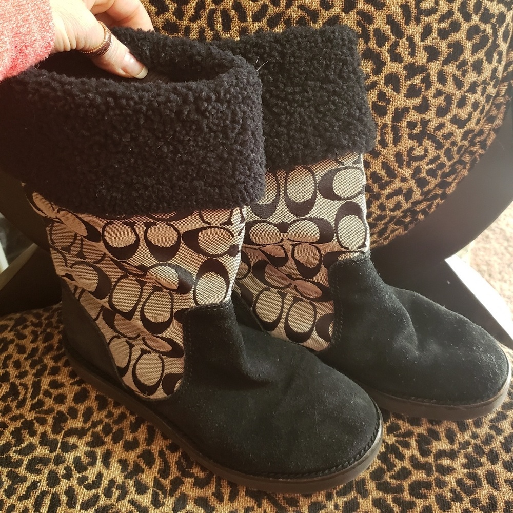 COACH, boots, silver & /black, suede, size 7.5